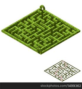 Maze game asset. Isometric garden maze with a solution. Labyrinth template for a puzzle or arcade game design. Vector illustration