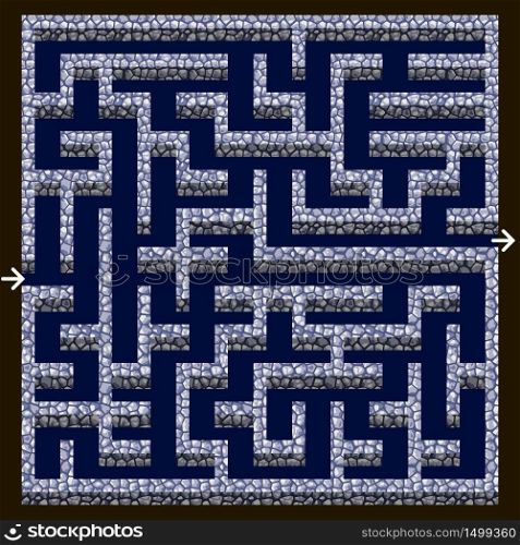 Maze game design element. Labyrinth with stone walls in dungeon, top down view. For children puzzle game asset, easy level, rectangular shape. Vector illustration
