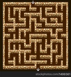 Maze game design element. Labyrinth with stone walls in dungeon, top down view. For children puzzle game asset, easy level, rectangular shape. Vector illustration