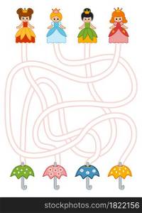 Maze game for children, education worksheet. Princesses and umbrellas