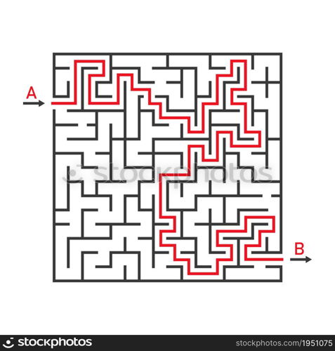 Maze game. Labyrinth square. Solving of puzzle. Line rebus for kids with entry and exit. Simple Maze isolated on white background. Template of riddle for child. Difficult mental solution. Vector.. Maze game. Labyrinth square. Solving of puzzle. Line rebus for kids with entry and exit. Simple Maze isolated on white background. Template of riddle for child. Difficult mental solution. Vector