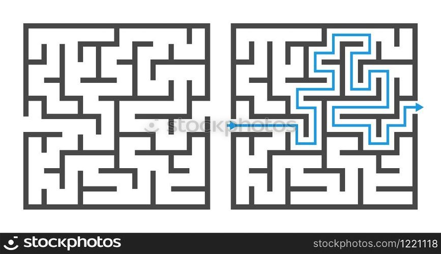 Maze game. Logic game labyrinth, square shapes brainteaser and solution, childrens puzzle exercise with entry and exit vector rebus template elements. Maze game. Logic game labyrinth, square shapes brainteaser and solution, childrens puzzle exercise with entry and exit vector elements