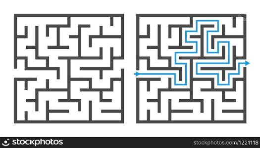 Maze game. Logic game labyrinth, square shapes brainteaser and solution, childrens puzzle exercise with entry and exit vector rebus template elements. Maze game. Logic game labyrinth, square shapes brainteaser and solution, childrens puzzle exercise with entry and exit vector elements
