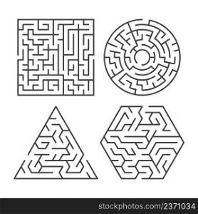 Maze game ways. Simple outlines puzzles. Different geometric shapes of interesting kids labyrinths. Searching route to exit. Complex educational plays. Finding path. Thinking tasks. Vector jigsaws set. Maze game ways. Outlines puzzles. Different shapes of interesting kids labyrinths. Searching route to exit. Complex educational plays. Finding path. Thinking tasks. Vector jigsaws set