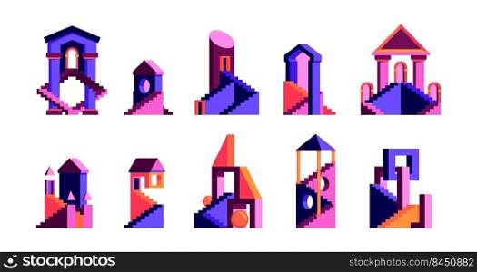 Maze houses. Multicolored flat geometrical abstract construction stylized buildings various cityscape garish vector pictures collection. Illustration of maze geometric house design. Maze houses. Multicolored flat geometrical abstract construction stylized buildings various cityscape garish vector pictures collection