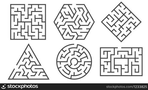Maze. Labyrinth game in different graphic shapes for right or wrong paths and many entrance riddle, find way rebus logic leisure conundrum vector exercise set. Maze. Labyrinth game in different graphic shapes for right or wrong paths and many entrance riddle, find way rebus logic conundrum vector set