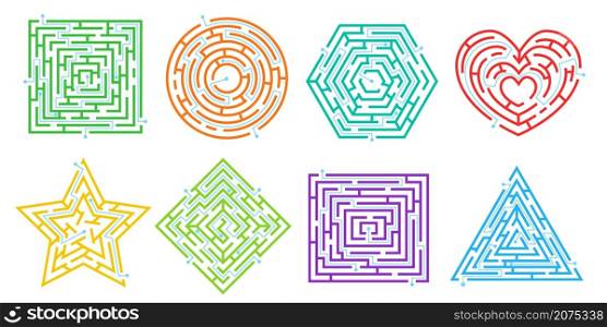 Maze puzzle games in different shapes, simple labyrinths for kids. Route finding game, labyrinth puzzles, find path riddles vector set. Challenge for child, searching way or direction. Maze puzzle games in different shapes, simple labyrinths for kids. Route finding game, labyrinth puzzles, find path riddles vector set