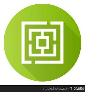 Maze puzzle green flat design long shadow glyph icon. Labyrinth. Route, pathway finding. Mental exercise, challenge. Ingenuity, intelligence test. Brain teaser. Vector silhouette illustration