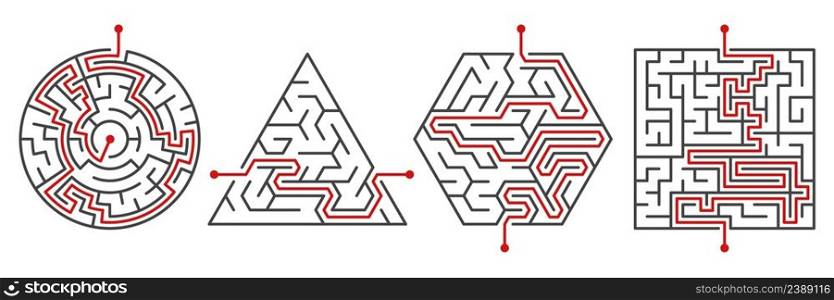 Maze ways. Red line pathfinding. Kids educational labyrinth games. Different outline shapes puzzles. Jigsaws right solutions. Searching route to entrance from exit. Vector thinking task answers set. Maze ways. Red line pathfinding. Kids educational labyrinth games. Different shapes puzzles. Right solutions. Searching route to entrance from exit. Vector thinking task answers set