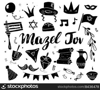 Mazel tov lettering, Jewish holiday hand drawn items set, vector illustration.. Mazel tov lettering, Jewish holiday hand drawn items set, vector illustration