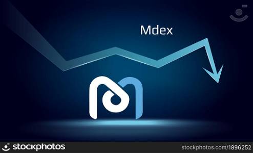 Mdex MDX in downtrend and price falls down. Cryptocurrency coin symbol and down arrow. Uniswap crushed and fell down. Cryptocurrency trading crisis and crash. Vector illustration.