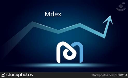 Mdex MDX in uptrend and price is rising. Cryptocurrency coin symbol and up arrow. Uniswap flies to the moon. Vector illustration.