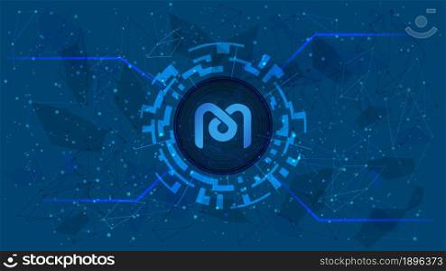 Mdex MDX token symbol of the DeFi project in digital circle with cryptocurrency theme on blue background. Cryptocurrency coin icon. Decentralized finance programs. Vector illustration.