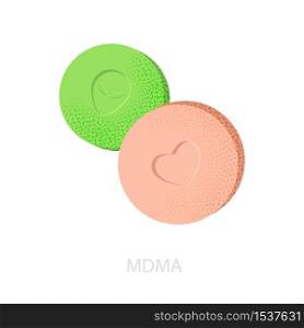 Mdma tablets in green and pink with an alien and heart figure. The concept of a psychedelic party: green - mystery, concentration, pink - delight, joy, euphoria.. Mdma tablets in green and pink with an alien and heart figure.
