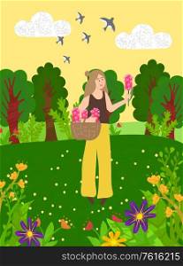 Meadow and blooming flowers, forest and green trees and bushes. Vector woman with basket and pink gorgeous in summer or spring wood on green grass, countryside landscape. Meadow and Blooming Flowers Forest and Green Trees