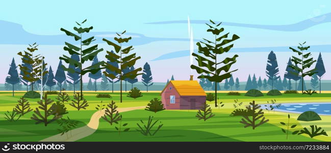 Meadow and forest landscape nature, spruce pine trees, grass and bushes. Panorama scenery hut house lonely path road. Meadow and forest landscape nature, spruce pine trees, grass and bushes. Panorama scenery hut house lonely path road. Vector illustration banner poster template trendy style