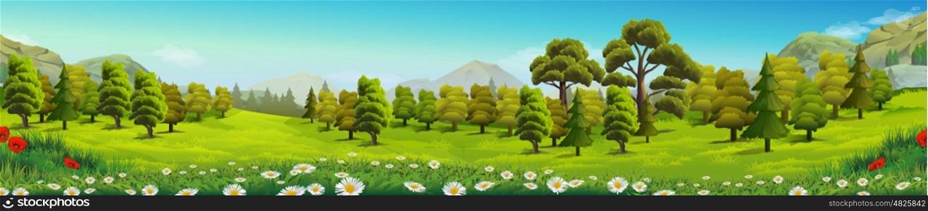 Meadow and forest, nature landscape, vector background