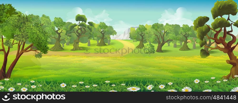 Meadow and forest nature landscape, vector background