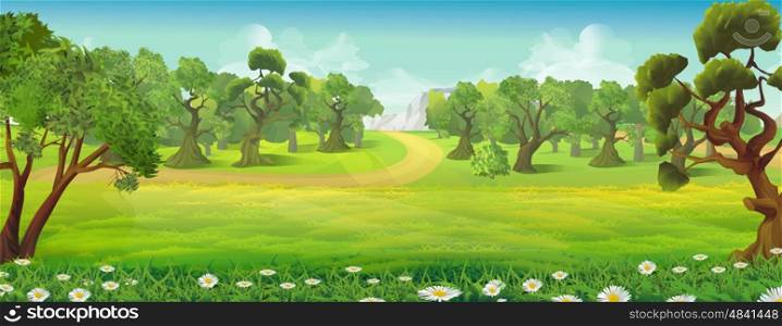 Meadow and forest nature landscape, vector background