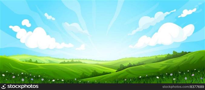 meadow background landscape vector. green grass, field hill, spring sky, summer countryside, cartoon land, rural scene, farm scenery meadow background nature view cartoon illustration. meadow background landscape vector