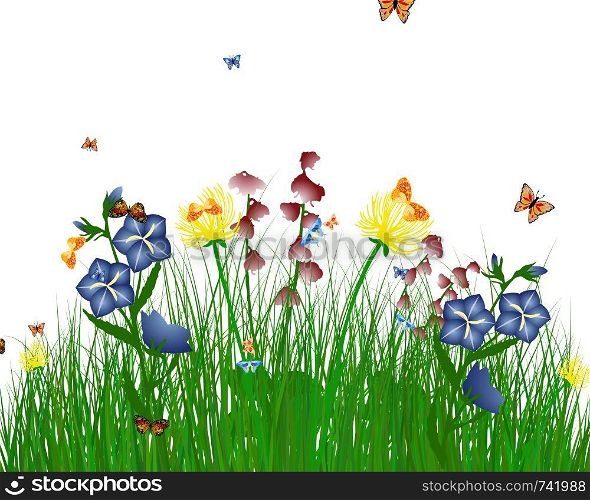 Meadow color background with butterfly and sun. All objects are separated. Vector illustration with transparency. Eps 10.
