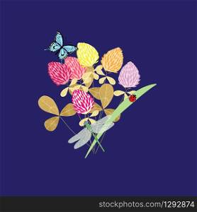 Meadow delicate bouquet with spring flowers and insects butterflies, dragonflies and beetles, spring pattern, for postcards, packaging, web design, vector illustration