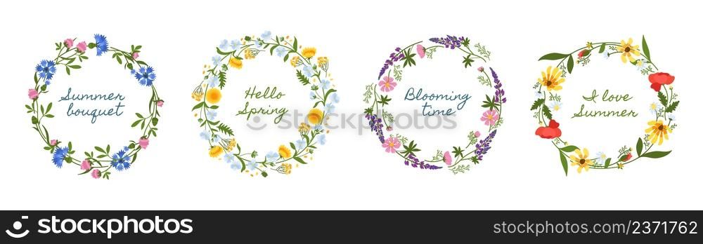 Meadow flowers wreaths. Wild herbs round frames with summer and spring texts, beautiful botanical decor, inscription design, poppies, dandelions and sunflowers vector hand drawn isolated herbal set. Meadow flowers wreaths. Wild herbs round frames with summer and spring texts, beautiful botanical decor, inscription design, poppies, dandelions and sunflowers vector isolated herbal set