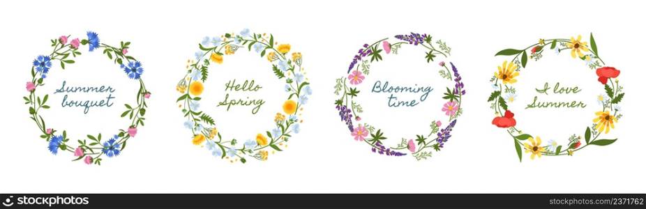 Meadow flowers wreaths. Wild herbs round frames with summer and spring texts, beautiful botanical decor, inscription design, poppies, dandelions and sunflowers vector hand drawn isolated herbal set. Meadow flowers wreaths. Wild herbs round frames with summer and spring texts, beautiful botanical decor, inscription design, poppies, dandelions and sunflowers vector isolated herbal set