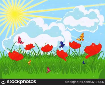 Meadow in early summer. Red flowering poppies and green grass against the sky with sun and clouds. Hand drawing vector illustration. Meadow in early summer