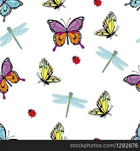 Meadow insects butterflies, dragonfly and beetles, spring seamless pattern, for postcards, packaging, web design, vector illustration