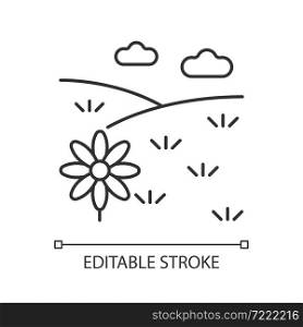 Meadow linear icon. Grass covered open land. Field with flowers. Grassland and pastureland. Thin line customizable illustration. Contour symbol. Vector isolated outline drawing. Editable stroke. Meadow linear icon