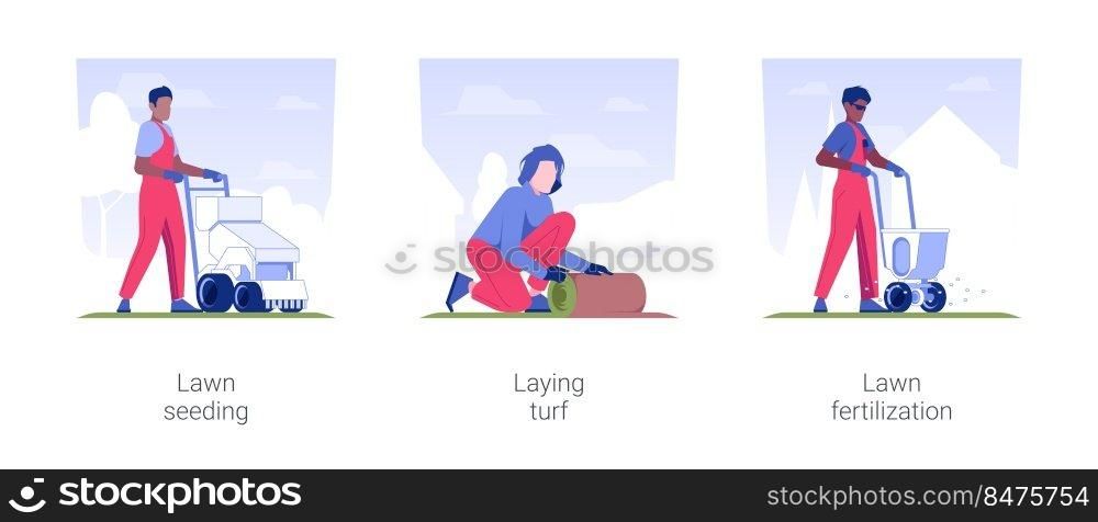 Meadow maintenance service isolated concept vector illustration set. Lawn seeding, laying turf, grass fertilization, gardener in uniform performs landscaping works, exterior works vector cartoon.. Meadow maintenance service isolated concept vector illustrations.