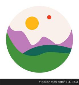 Meadow or valley, hills and mountains ranges. Landscape view of wild nature and picturesque scenery. Spring or summer vacation and tourism. Tranquil and peaceful location. Vector in flat style. Landscape scenic wilderness view, meadow valley