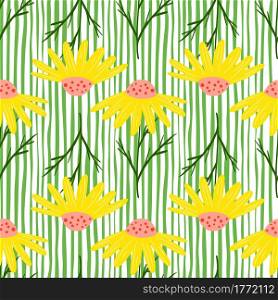 Meadow seamless pattern with bright yellow daisy flowers shapes. Green and white striped background. Designed for fabric design, textile print, wrapping, cover. Vector illustration.. Meadow seamless pattern with bright yellow daisy flowers shapes. Green and white striped background.