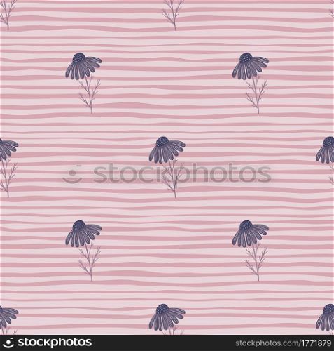 Meadow seamless pattern with simple purple daisy flowers shapes. Pink striped background. Doodle print. Decorative backdrop for fabric design, textile print, wrapping, cover. Vector illustration.. Meadow seamless pattern with simple purple daisy flowers shapes. Pink striped background. Doodle print.