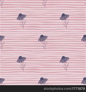Meadow seamless pattern with simple purple daisy flowers shapes. Pink striped background. Doodle print. Decorative backdrop for fabric design, textile print, wrapping, cover. Vector illustration.. Meadow seamless pattern with simple purple daisy flowers shapes. Pink striped background. Doodle print.