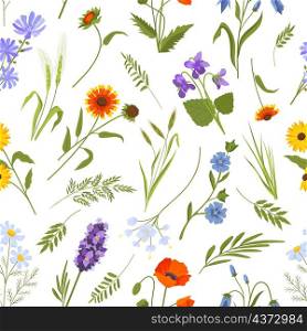Meadow spring wild flowers and herbs seamless pattern. Vintage floral ornament with daisy, poppy and leaves. Cottagecore boho vector print. Illustration of summer pattern blossom. Meadow spring wild flowers and herbs seamless pattern. Vintage floral ornament with daisy, poppy and leaves. Cottagecore boho vector print
