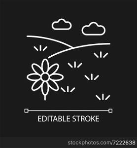 Meadow white linear icon for dark theme. Grass covered open land. Field with flowers. Grassland. Thin line customizable illustration. Isolated vector contour symbol for night mode. Editable stroke. Meadow white linear icon for dark theme
