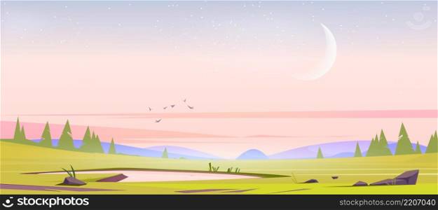 Meadow with green grass, pond, conifers and hills on horizon at morning. Vector illustration of summer or spring landscape of field with plants, lake, trees, flying birds and waxing moon in sky. Meadow with grass and pond at morning