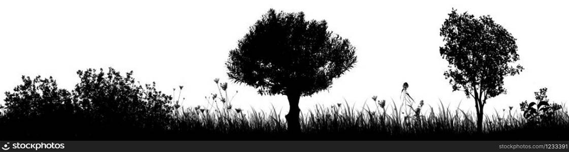 Meadow with trees silhouette on white background, vector illustration