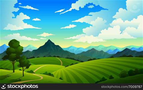 Meadows with mountains. Landscape hill field mountain land sky wild nature grass forest countryside tree. Summer vector land. Meadows with mountains. Landscape hill field mountain land sky wild nature grass forest countryside tree. Summer land