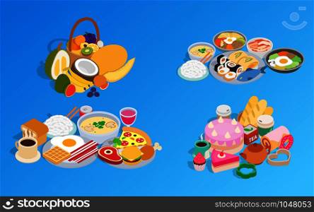 Meal clip art set. Isometric clip art of meal concept vector icons for web isolated on white background. Meal clip art set, isometric style