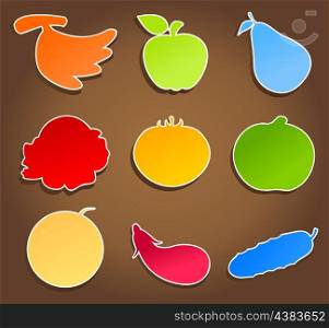Meal icons4. Icons of vegetables and fruit on a brown background. A vector illustration
