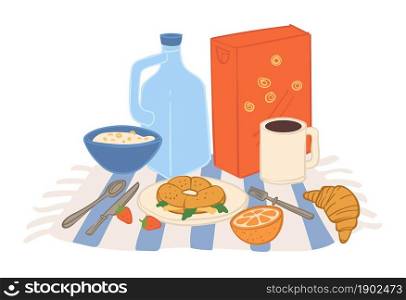 Meal served on blanket, food for picnic or rustic restaurant. Milk and cereals, bun and baked croissant with cup of coffee or tea. Bowl with dish and citrus fruit slice. Vector in flat style. Food for picnic, milk and croissant with cutlery