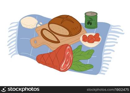 Meal served on tablecloth, board with bread and smoked meat or ham. Cheese and olives and nuts in plate. Food and delicious ingredients. Picnic or serving in restaurant. Vector in flat style. Rustic served meal, bread and meat on blanket