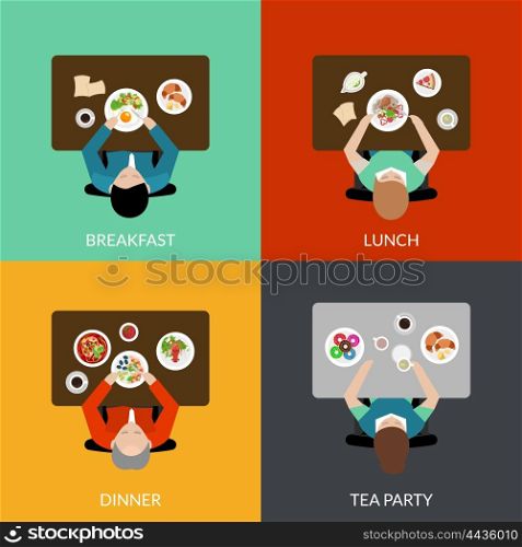 Meal Time Set. Flat icon set with eating people with different variants of meal top view vector illustration