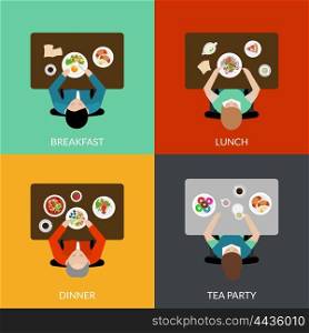 Meal Time Set. Flat icon set with eating people with different variants of meal top view vector illustration