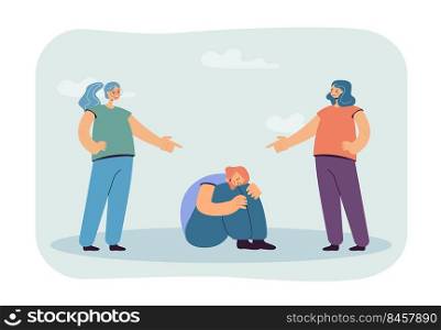 Mean cartoon girls pointing fingers at sad female character. Bullies laughing at teenager flat vector illustration. Bullying, childhood concept for banner, website design or landing web page