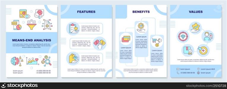Means end analysis categories brochure template. Customer needs. Leaflet design with linear icons. 4 vector layouts for presentation, annual reports. Arial-Black, Myriad Pro-Regular fonts used. Means end analysis categories brochure template