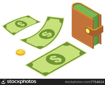 Means of payment various elements. Concept of big money. Dollar bills and gold coins, fat wallet. Metal coins and paper bills. Hundreds of dollars. Much money vector isometric illustration on white. Means of payment various elements. Concept of big money. Dollar bills and gold coins, fat wallet
